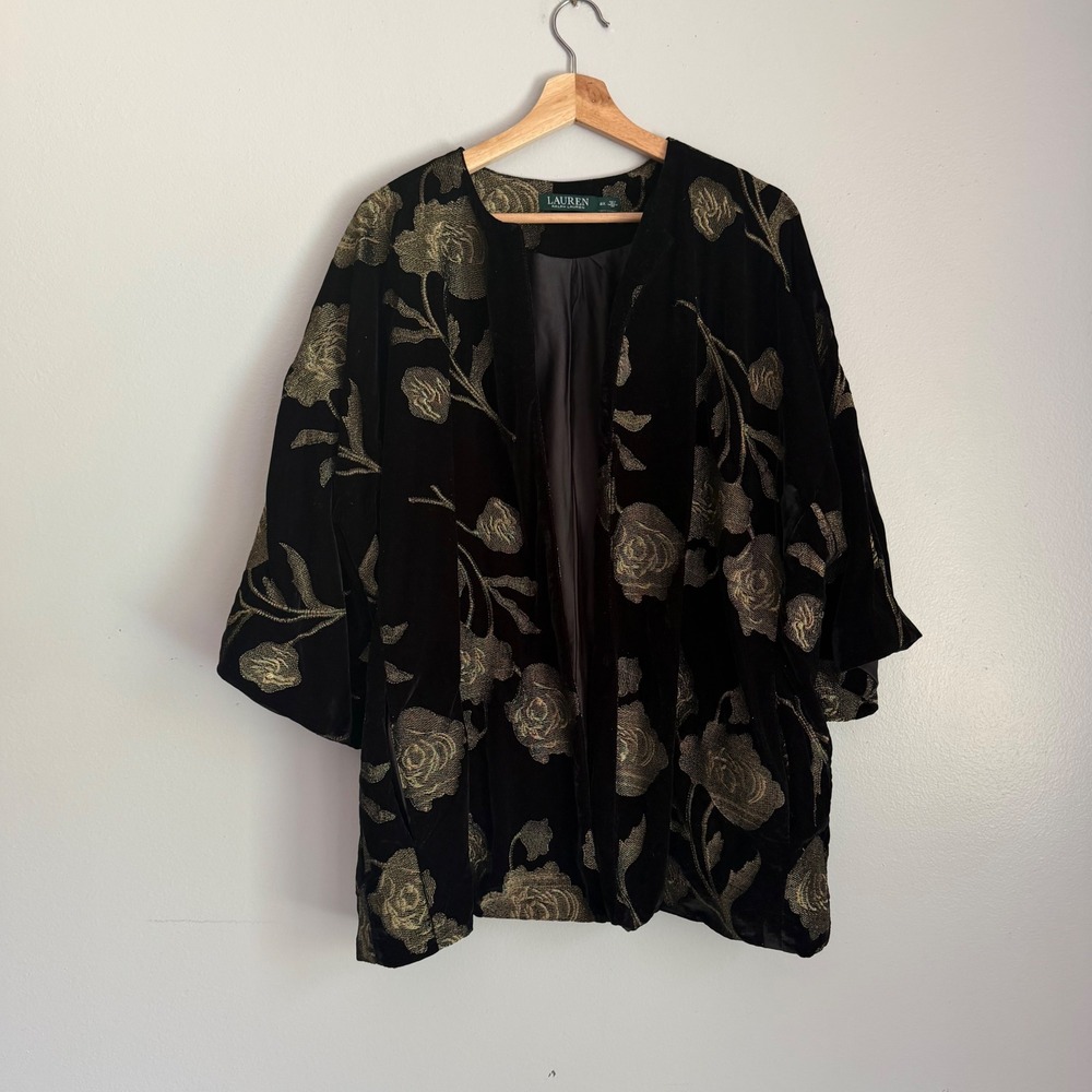 Lauren Ralph Lauren Black Gold Velvet Floral Kimono Jacket Plus Size 2X Metallic